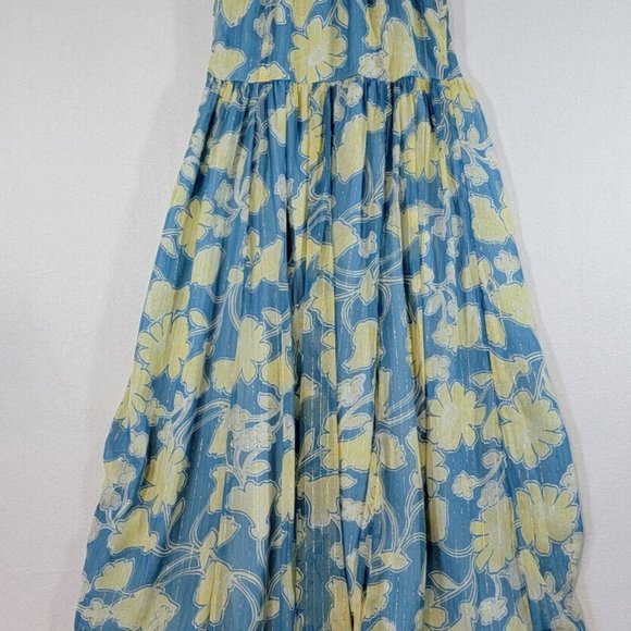 ModCloth Blue Yellow Floral Chiffon Lined High-Low Dress Large - Picture 2 of 10